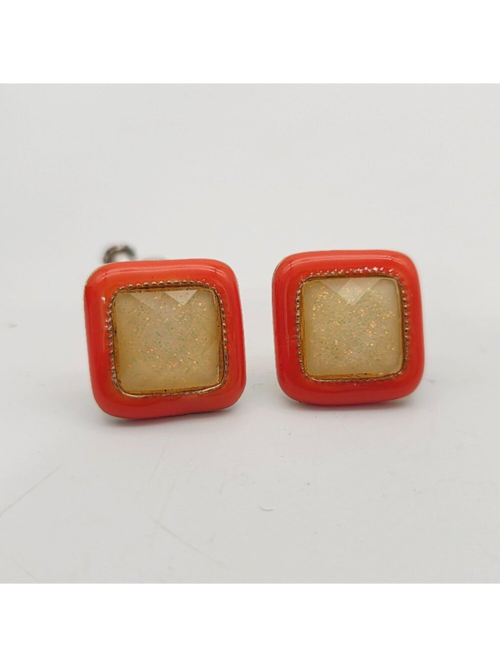 Square Orange Enamel Gold Faceted Center Post Earrings Retro Style Boho